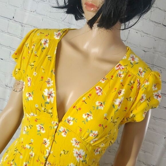 Urban Romantics Goldenrod Floral Print Plunge Neck Elastic Waist Spring Dress - Picture 8 of 15